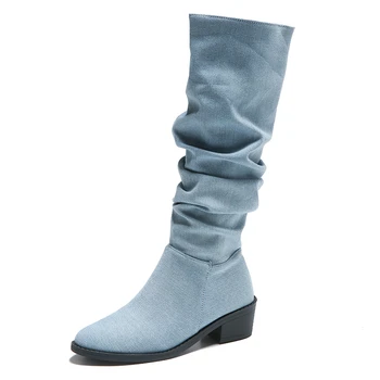 Дамски чорапогащи, каубойски ботуши в западен стил, топла обувки с дебели подметки, улични ежедневни сини чорапогащи Челси с дебела подметка