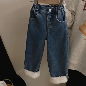 Детски панталони памучни дрехи за момичета Сезон Зима 2023 Сладък Корейски изолирана топли върховете Tide Cowboy Еластичен колан Soild