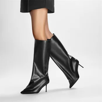 Дизайнерски Пикантен Дамски ботуши до коляното с остри пръсти на тънък висок ток, плисе, черни, без шнур, дамски обувки в западен стил с уличната мода