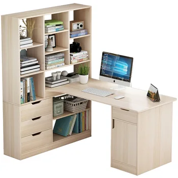 Домашен офис с Дървени студентски бюро, за да учат Компютърни бюра с рафт за книги рафтове за съхранение