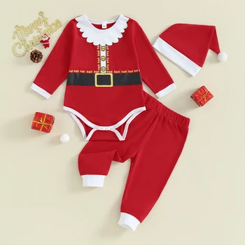 Дрехи за деца, комплекти, панталони от 3 теми за момичета, гащеризон Дядо Коледа с дълъг ръкав, панталони контрастен цвят, шапка, комплекти детски дрехи