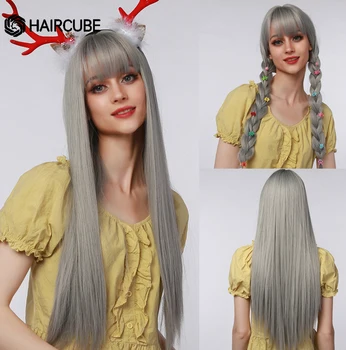 Дълги, сиво-сини синтетични перуки за жени с бретон, естествена коса, за дневни партита, Топлоустойчива перуки от естествена коса