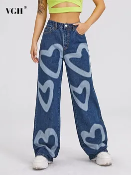 Дънкови панталони с принтом във формата на сърце VGH, хит-парад, висока талия, джоб в стил мозайка, ежедневни свободни широки панталони, новост дамска мода