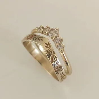 Елегантна просто годежен пръстен за жени винтажного златен цвят, V-образен пръстен с цветя, ръчно изработени, ръчно вырезанное