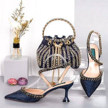 Елегантна тъмно синя Мека обувки и чанти, верига с диаманти, Високите токчета и чанта през рамо с пискюли и обувки за парти в стил 38-43