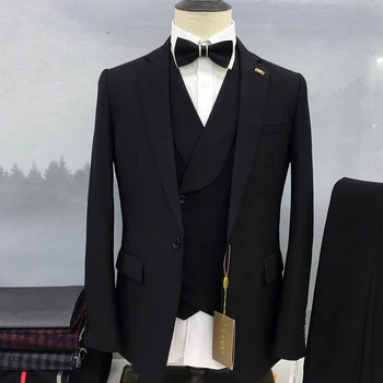 Елегантни и луксозни мъжки костюми черен цвят Terno, однобортный, и лацканом, оборудвана сватбен бизнес яке-тройка, панталони, жилетка