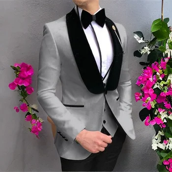 Елегантни Приталенные мъжки костюми с ревера от черни шалове за сватба, Смокинги за Младоженеца, комплект блейзеров за бала от 3 теми (яке + панталон + елек)