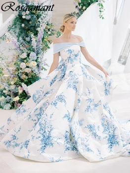 Елегантни сватбени рокли трапецовидна форма с волани и цветисти принтом, лента с отворени рамене, сватбени рокли Robe De Mariée
