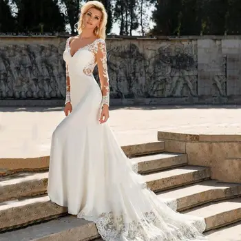 Елегантно бельо сватбена рокля-русалка от TIXLEAR За булката 2023, дълги ефирни ръкави, сексуална булчинска рокля с V-образно деколте и с отворен гръб, Robe De Mariee