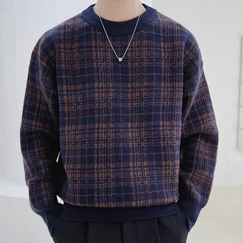 Есенен пуловер 2023 за мъже, Вязаный пуловер с кръгло деколте, Корейски кариран пуловер в контрастен цвят, Мъжки пуловер, Пуловер Pull Homme