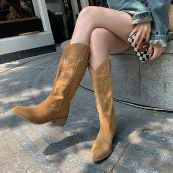 Есенни дамски обувки от волска кожа, велур, дамски обувки в западен стил с квадратни пръсти на масивна обувки, дълги ботуши в стил ретро, дамски ботуши до коляното