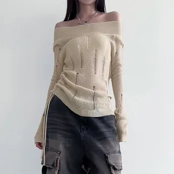 Жена модерен синкопиран вязаный пуловер с открити рамене, страничната дантела, прозрачен силует на лодка, обикновен пуловер за пролетно-есенни дрехи на улична
