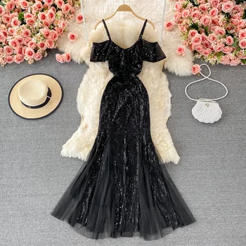 Жена Секси Елегантна вечерна рокля на подтяжках, секси дълга рокля на Русалка с пайети на гърба, винтажное вечерна рокля-комбинация на спагети презрамки, пайети