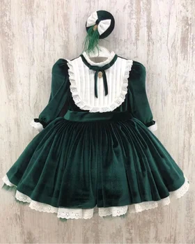 За малки момичета от 1 до 12 години, есен-зима, зелено бархатное винтажное испано-турската бална рокля на принцеса, рокля за коледното фотография