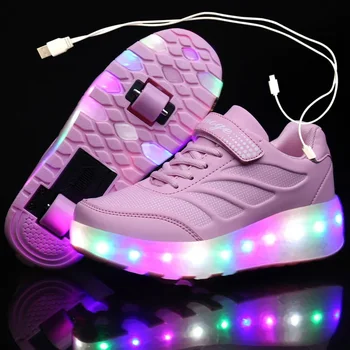 Зареждане чрез USB Черни Светещи Маратонки на Две Колела С Led Подсветка, Обувки за Ролери, за Деца, Детска Led Обувки За Момчета И Момичета, Обувки 28-43