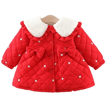Зимни връхни дрехи в корейски стил Дрехи за малките момичета Червен Сладък Куклен яка с лък Топло Дебела руното яке за деца Палто за новородени BC855