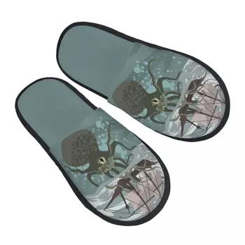Зимни Дамски Мъжки Нескользящие чехли на равна подметка, морски октопод, чудовище Кракен, боен кораб, Мультяшная домашна кожа Мека топла обувки