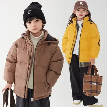 Зимните пухени паркове, яке за момичета и момчета, модни детски есен облекло 2023 г., детска топла горна дреха с качулка, черно-кафяво палто с цип
