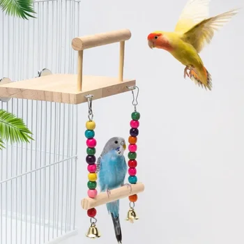 Играчка-люлка за птици, Дървени поставки за жердочки за папагали, Детска площадка с жевательными топки, клетка за птици-вълнообразни попугайчиков