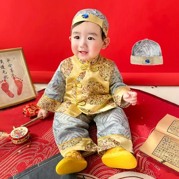 Китайската Традиционна облекло Копринен костюм Hanfu Tang с бродерия дракон За по-малките момчета, блузи, панталони, комплект шапки за бебета, Облекло за рожден Ден