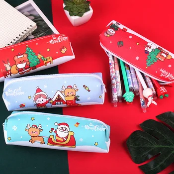 Коледна Мультяшная чанта за моливи за студенти, красиви чанти и калъфи за писалки с голям капацитет, Коледни Канцеларски материали от изкуствена кожа, Подаръци за учениците, за да проверите за студенти
