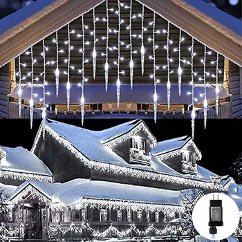 Коледна украса 2024 Led светлини-ледени висулки, Градинска венец, водоустойчив завеса, Зимно защитно напрежение IP44, Нова година