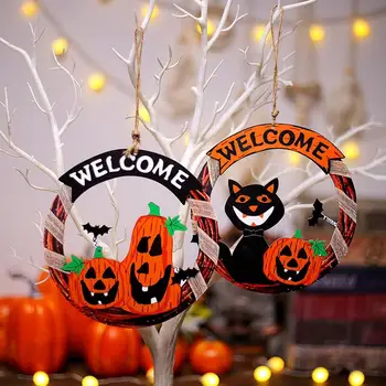 Коледни декорации за Хелоуин, сладката тиква и дизайн на Черна Котка, добре Дошли, Дървена закачалка за врати на Хелоуин и декоративни надписи