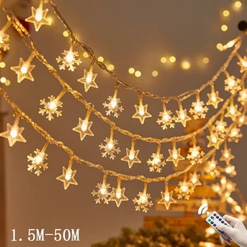 Коледни снежинки с дължина 3 м-50 м., led светлини, мигащи приказни светлини, непромокаеми за празнични партита 2023, Коледна украса за Коледа