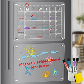 Комплект акрилни магнитни календари с 4 маркери, Държач за химикалки, Множество Магнитна дъска за сухо изтриване, Прозрачна акрилна календар на хладилник