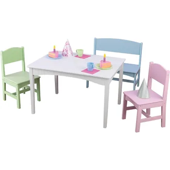 Комплект детски мебели подарък за деца от 3-8 години Масичка за деца Nantucket Дървена маса с пейка и 2 стола Многоцветен