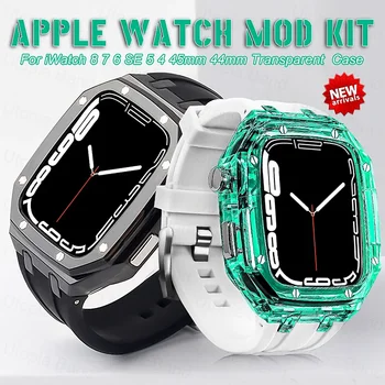 Комплект Модификации За Apple Watch Серия 8 7 6 5 4 SE Прозрачен Калъф и Силиконова лента За iWatch 45 мм 44 мм Гума Спортен каишка