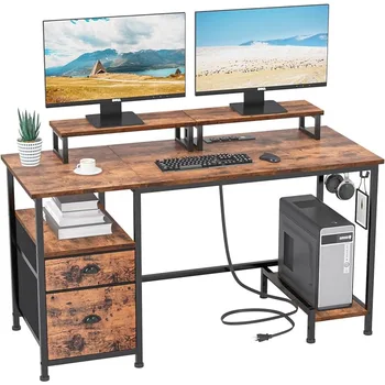 Компютърна маса Furologee, с чекмедже, 47-инчов офис маса с 2 щанд за монитори, работно игрална маса за домашен офис
