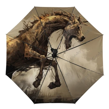 Конят Галопира в огън, чадър от дъжд, Женски на 3-те сгъваем Напълно автоматичен чадър за защита от слънцето, инструмент за пътуване на открито, Параплюи