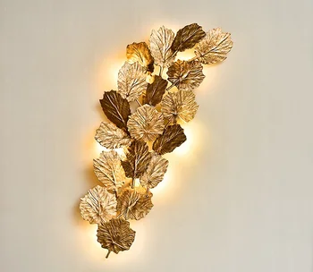 Креативен стенен лампа leaf в стила на постмодерното, мед вила, хол, спалня, осветление, атмосфера на лукс, декоративен фон, монтиран на стената лампа