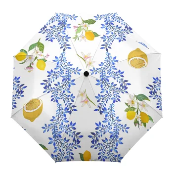 Лимонови цветя, Листа, Ретро Автоматичен Сгъваем чадър, Мъжки Женски чадър с принтом, Лек дъждобран