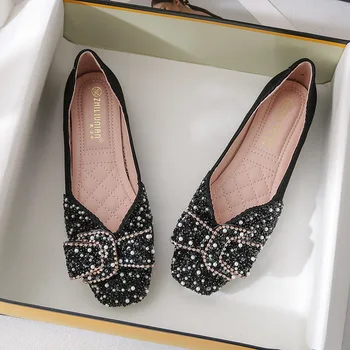 Луксозни дамски обувки с плоска подметка с кристали, сватбени обувки с квадратни пръсти, ежедневни дамски обувки за парти, Zapatos Mujer, големи размери