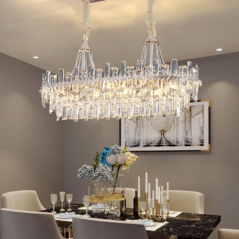 Луксозни кристални дълги овални полилеи за декорация трапезария, модерни златни висящи лампи за таван, домашен дизайн, осветление, блясък