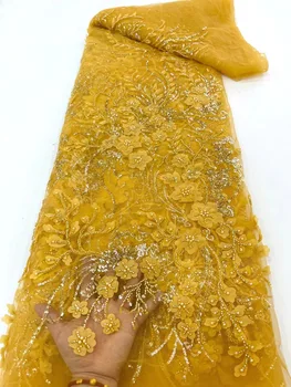 Луксозни мъниста, ръчно изработени, Тюлевое дантела, Лейси плат с 3D цветя, Африкански дантела, материал за шивашки Сватбена рокля, Висококачествено Нигерийски дантела XC5425