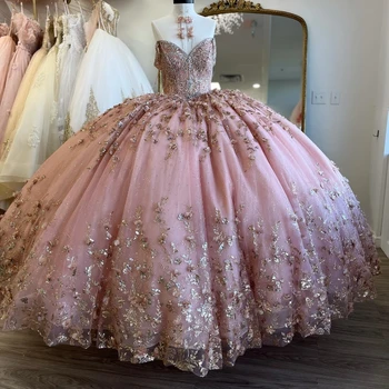 Лъскави розови буйни принцесата рокли, бална рокля, Блестящи Златни апликации на Дантела, Кристали, мъниста, Уважаеми 15-то рокля дантела за бала