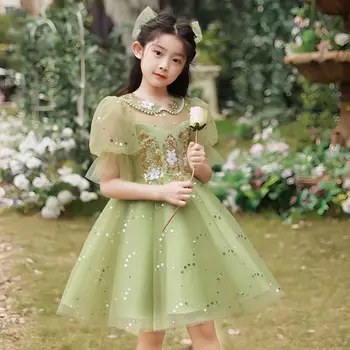 Лятна рокля за момичета, ново детско зелена рокля на принцеса, детско парти за рожден ден, высококлассное реч водещ на пиано.