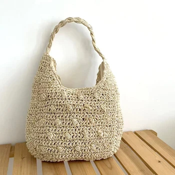 Мода на плетени сламена чанта-тоут, кухи скитници, летни чанти от ратан за жени, плажни чанти ръчна изработка, луксозни портфейли за пазаруване