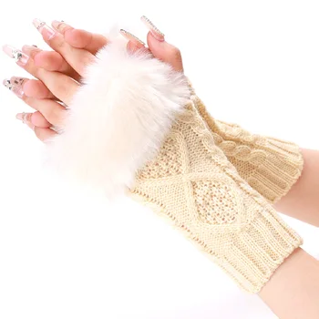 Моден Зимни Дамски Ръкавици Плюшени От Изкуствена Кожа Възли Вълнени Изолирана Къси Ръкавици Без Пръсти За Момичета Ръкавици На Полпальца