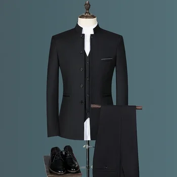 Модерен мъжки ежедневни бутик 2024 г., бял костюм с висока яка в китайски стил, Приталенные блейзери, яке, палто, Панталони, жилетка