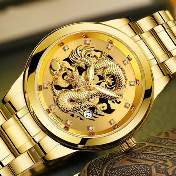 Модерен Мъжки кварцови часовници с диаманти, с календар Dragon, стоманена каишка, немеханические часовник с голям циферблат, водоустойчив ръчен часовник за бизнес