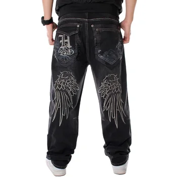 Модерен мъжки широки дънки с бродерия оверсайз в стил хип-хоп, свободни черни дънкови панталони, мъжки рап-градинска дрехи, мъжки дънкови пънк-панталони Hombre