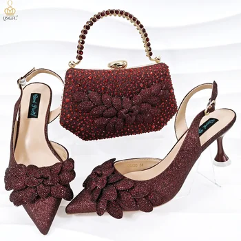 Модни обувки и чанта с кубическим цвете от плат в африканския стил, нова тенденция, дамски обувки на висок ток с остър пръсти, изискан клатч
