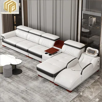 Мултифункционален кожен диван, модерна и проста комбинация от ъглите на хола, интелигентен масаж Nordic, ляв и десен noble