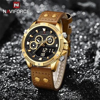 Мъжки дигитален часовник NAVIFORCE, водоустойчив кварцов ръчен часовник с двоен дисплей, кожена каишка, спортни светещи часовници Relogio Masculino
