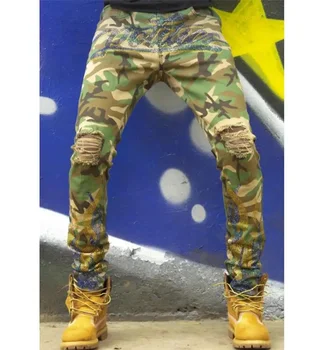 Мъжки директни дънкови панталони в стил хип-хоп, индивидуални външни елементи, камуфляжные дупки с кристали, Индивидуалност, Тренд, нов продукт, 2023 г.