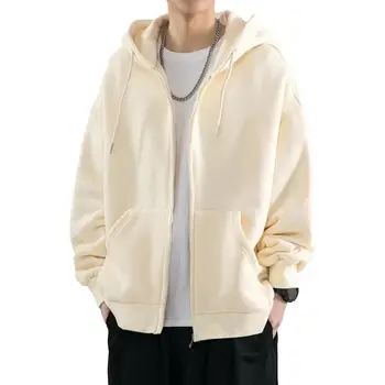Мъжки есен палто с качулка на експозиции, стилно мъжко зимно палто с качулка, топло дебела жилетка с цип с джобове за есен / зима
